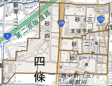 砂とその周辺の地図。町の範囲を重ねている