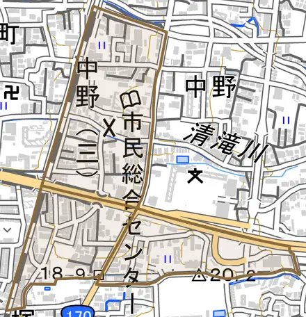 中野とその周辺の地図。町の範囲を重ねている