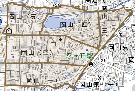 岡山とその周辺の地図。町の範囲を重ねている