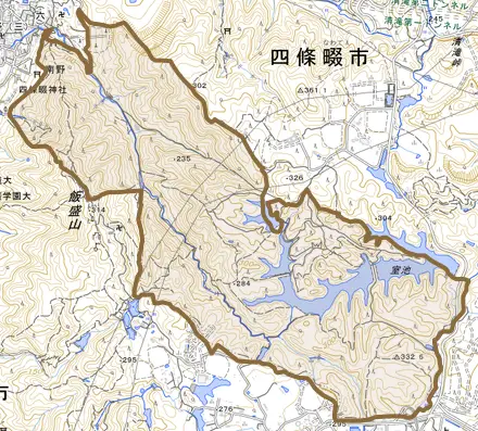 大字南野とその周辺の地図。町の範囲を重ねている