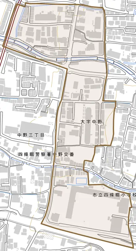 大字中野とその周辺の地図。町の範囲を重ねている