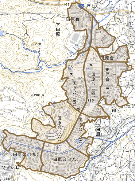 田原台とその周辺の地図。町の範囲を重ねている