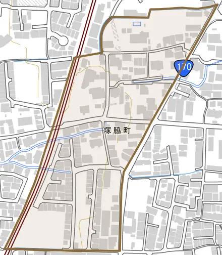 塚脇町とその周辺の地図。町の範囲を重ねている