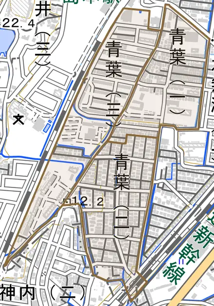 青葉とその周辺の地図。町の範囲を重ねている