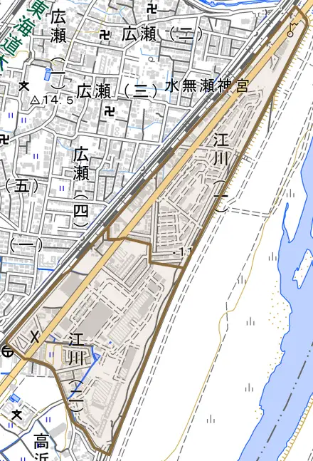 江川とその周辺の地図。町の範囲を重ねている