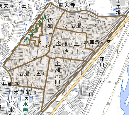 広瀬とその周辺の地図。町の範囲を重ねている