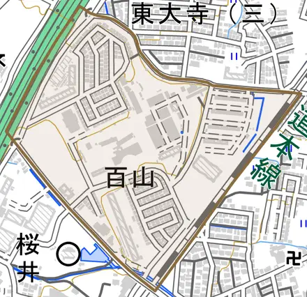 百山とその周辺の地図。町の範囲を重ねている
