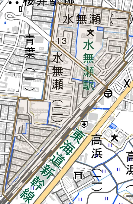 水無瀬とその周辺の地図。町の範囲を重ねている