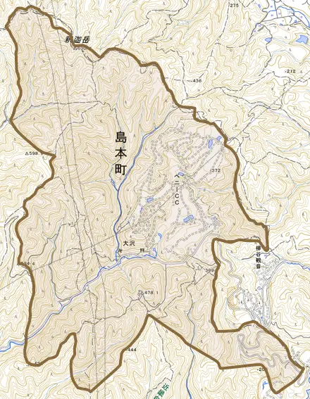 大字大沢とその周辺の地図。町の範囲を重ねている