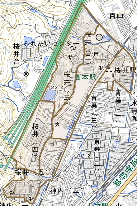桜井とその周辺の地図。町の範囲を重ねている