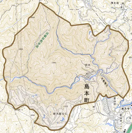 大字尺代とその周辺の地図。町の範囲を重ねている