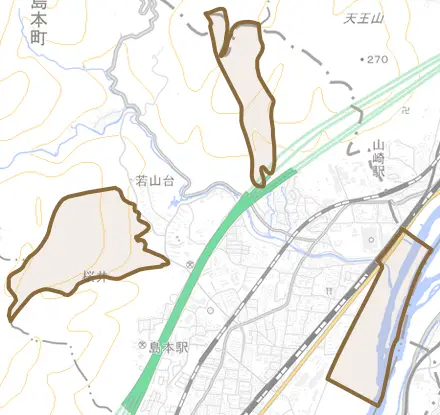 大字広瀬とその周辺の地図。町の範囲を重ねている