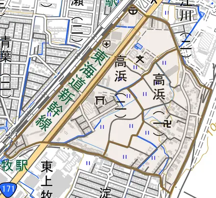 高浜とその周辺の地図。町の範囲を重ねている