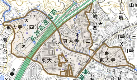 東大寺とその周辺の地図。町の範囲を重ねている