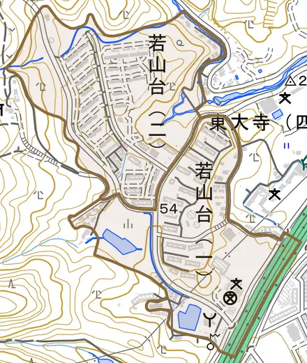 若山台とその周辺の地図。町の範囲を重ねている