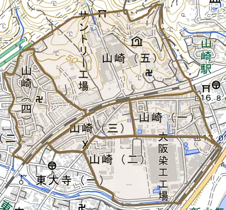 山崎とその周辺の地図。町の範囲を重ねている