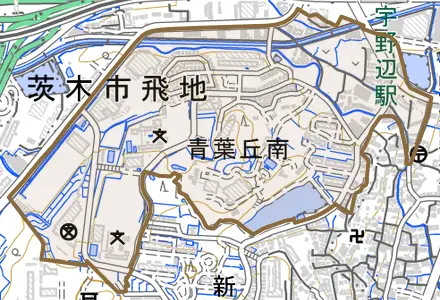 青葉丘南とその周辺の地図。町の範囲を重ねている