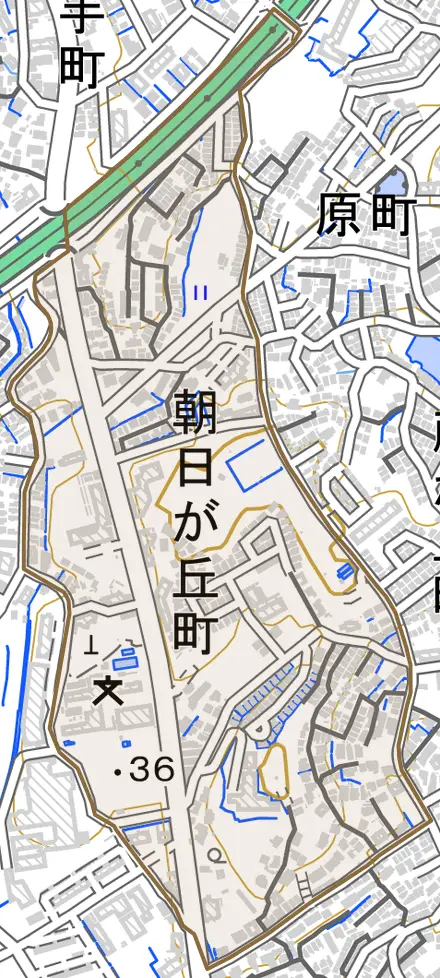 朝日が丘町とその周辺の地図。町の範囲を重ねている