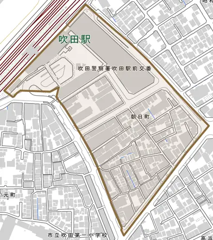 朝日町とその周辺の地図。町の範囲を重ねている