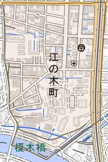 江の木町とその周辺の地図。町の範囲を重ねている
