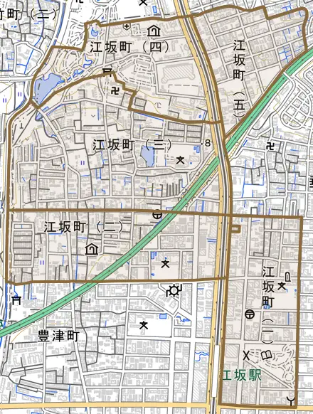江坂町とその周辺の地図。町の範囲を重ねている