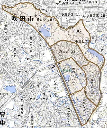 藤白台とその周辺の地図。町の範囲を重ねている