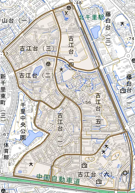 古江台とその周辺の地図。町の範囲を重ねている