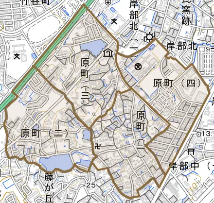 原町とその周辺の地図。町の範囲を重ねている