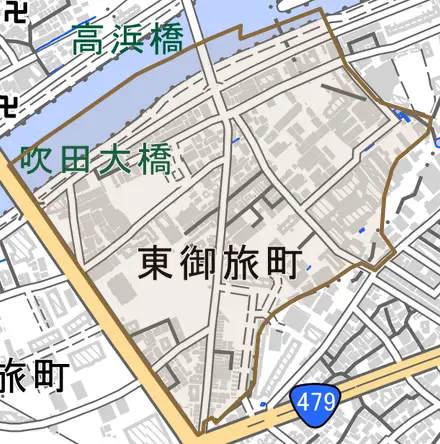 東御旅町とその周辺の地図。町の範囲を重ねている
