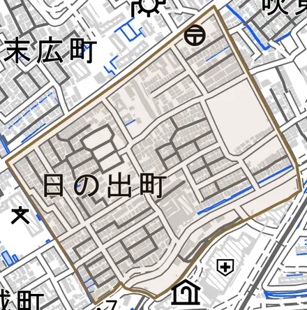 日の出町とその周辺の地図。町の範囲を重ねている