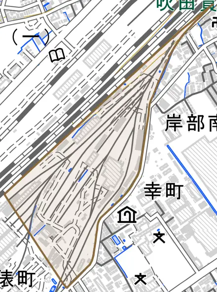 平松町とその周辺の地図。町の範囲を重ねている