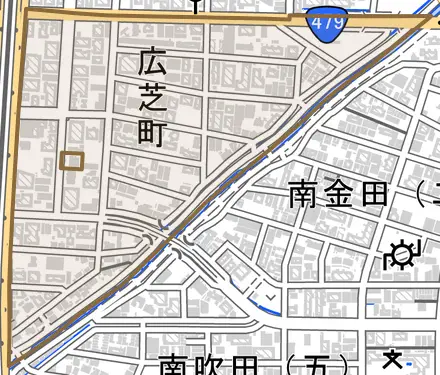 広芝町とその周辺の地図。町の範囲を重ねている