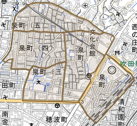 泉町とその周辺の地図。町の範囲を重ねている