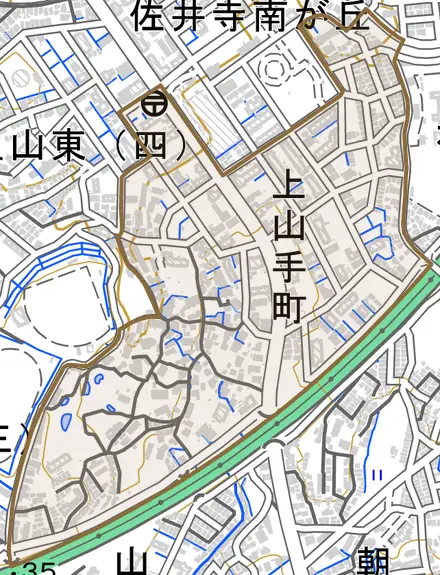 上山手町とその周辺の地図。町の範囲を重ねている