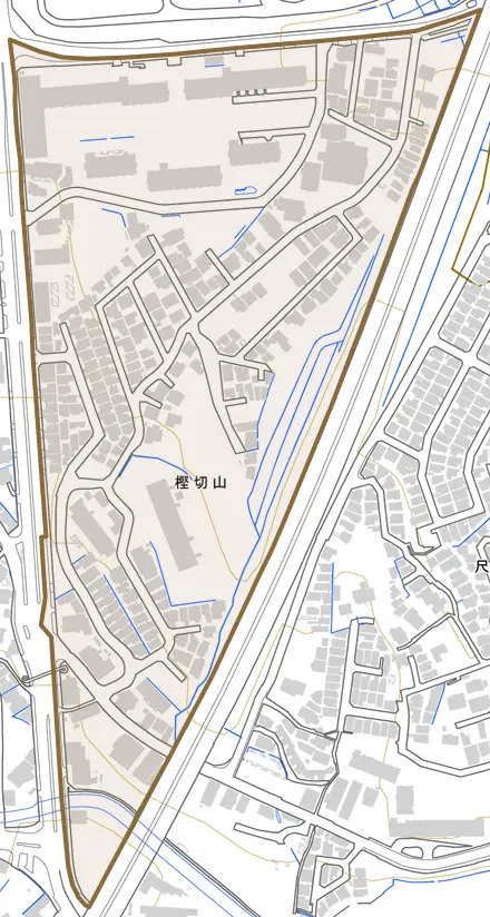 樫切山とその周辺の地図。町の範囲を重ねている