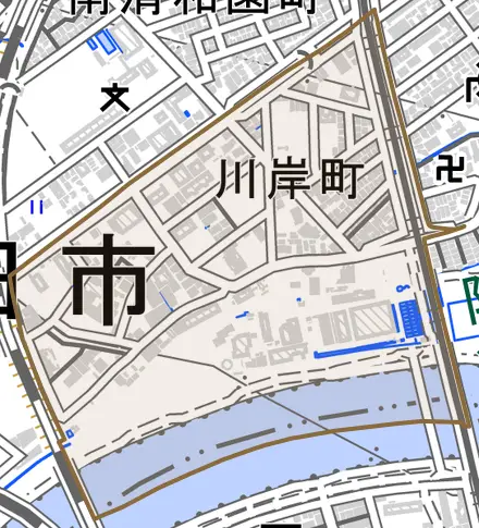 川岸町とその周辺の地図。町の範囲を重ねている