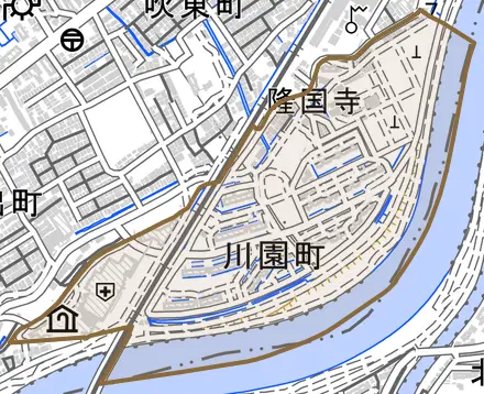 川園町とその周辺の地図。町の範囲を重ねている