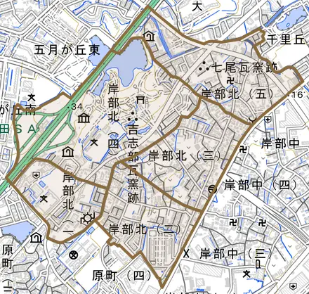 岸部北とその周辺の地図。町の範囲を重ねている