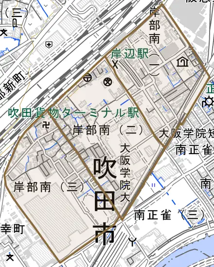 岸部南とその周辺の地図。町の範囲を重ねている