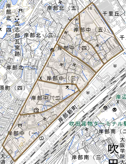 岸部中とその周辺の地図。町の範囲を重ねている