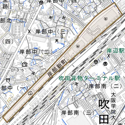 岸部新町とその周辺の地図。町の範囲を重ねている