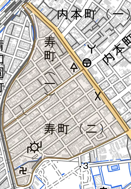 寿町とその周辺の地図。町の範囲を重ねている