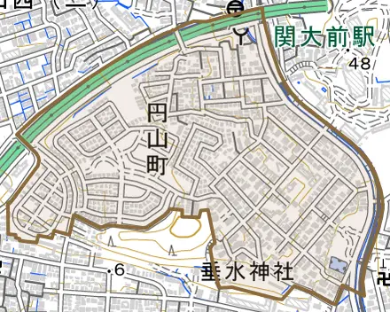 円山町とその周辺の地図。町の範囲を重ねている