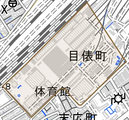 目俵町とその周辺の地図。町の範囲を重ねている