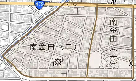 南金田とその周辺の地図。町の範囲を重ねている