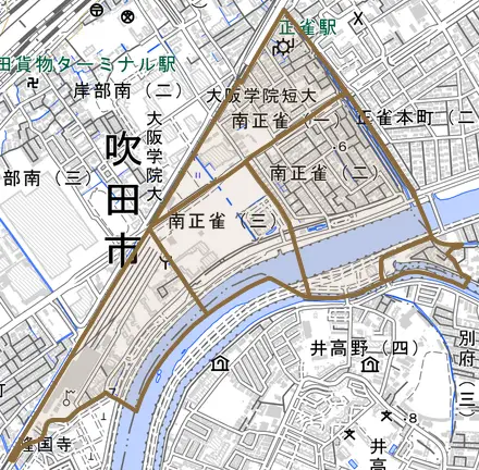 南正雀とその周辺の地図。町の範囲を重ねている