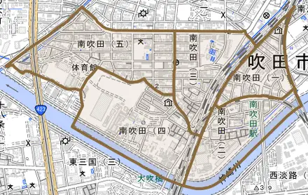 南吹田とその周辺の地図。町の範囲を重ねている