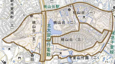 桃山台とその周辺の地図。町の範囲を重ねている