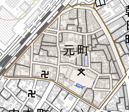 元町とその周辺の地図。町の範囲を重ねている