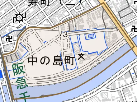 中の島町とその周辺の地図。町の範囲を重ねている